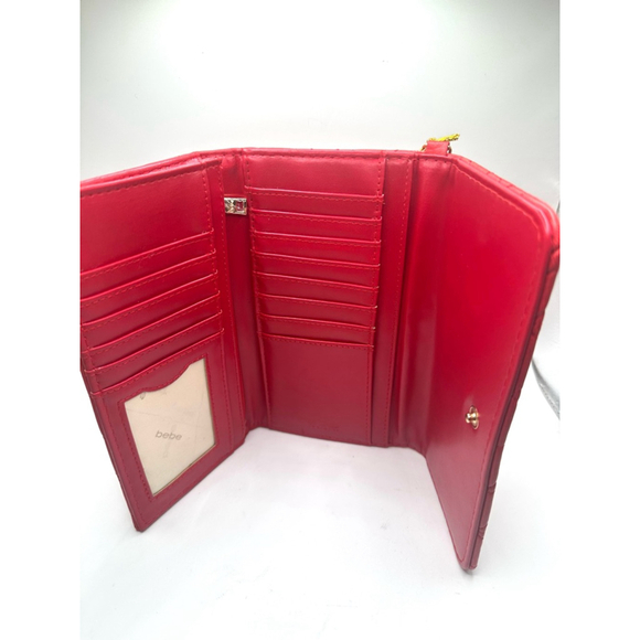 Bebe Red Quilted Wristlet Wallet gold hardware tri fold snap closure - Picture 6 of 9